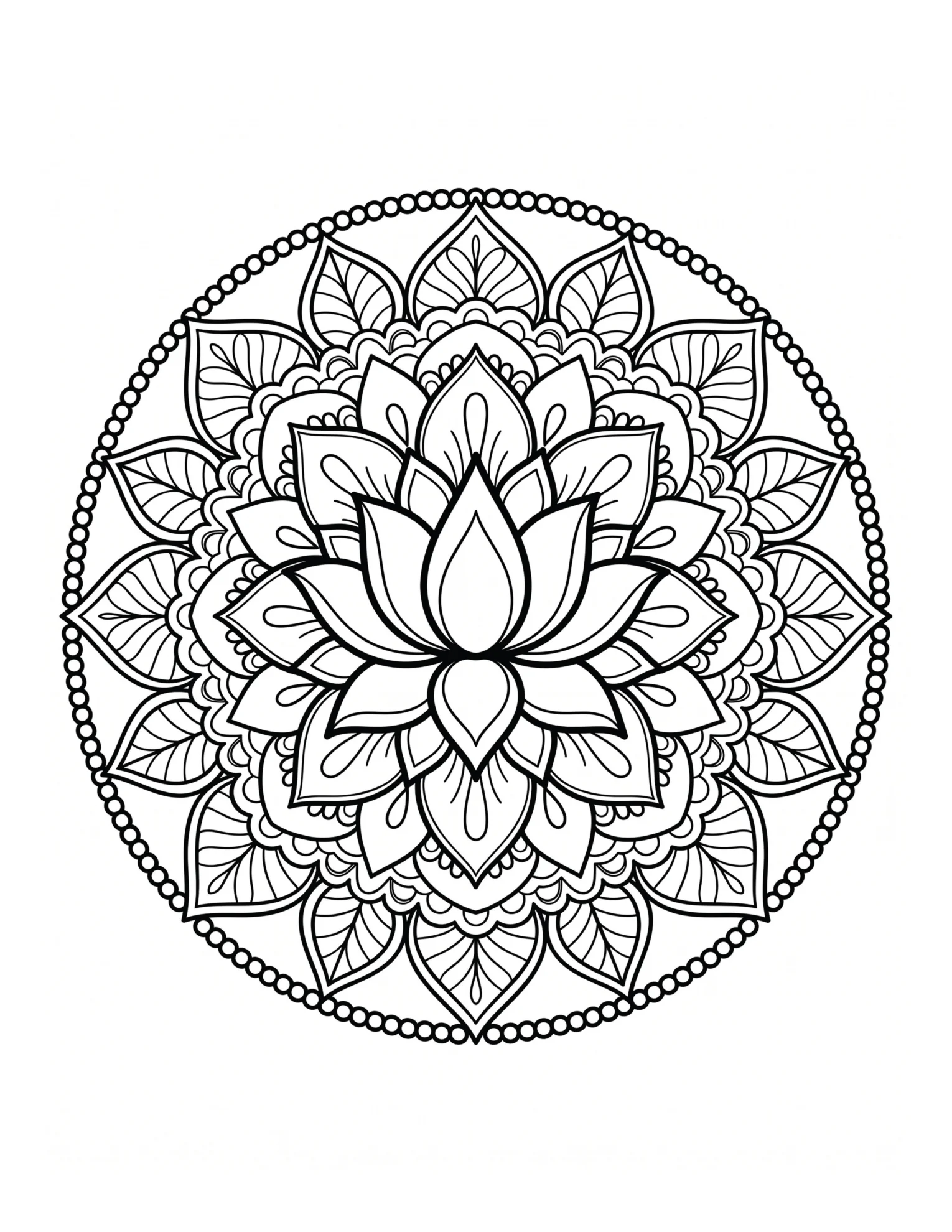 Interior coloring page featuring a balanced lotus botanical mandala design with layered petals.