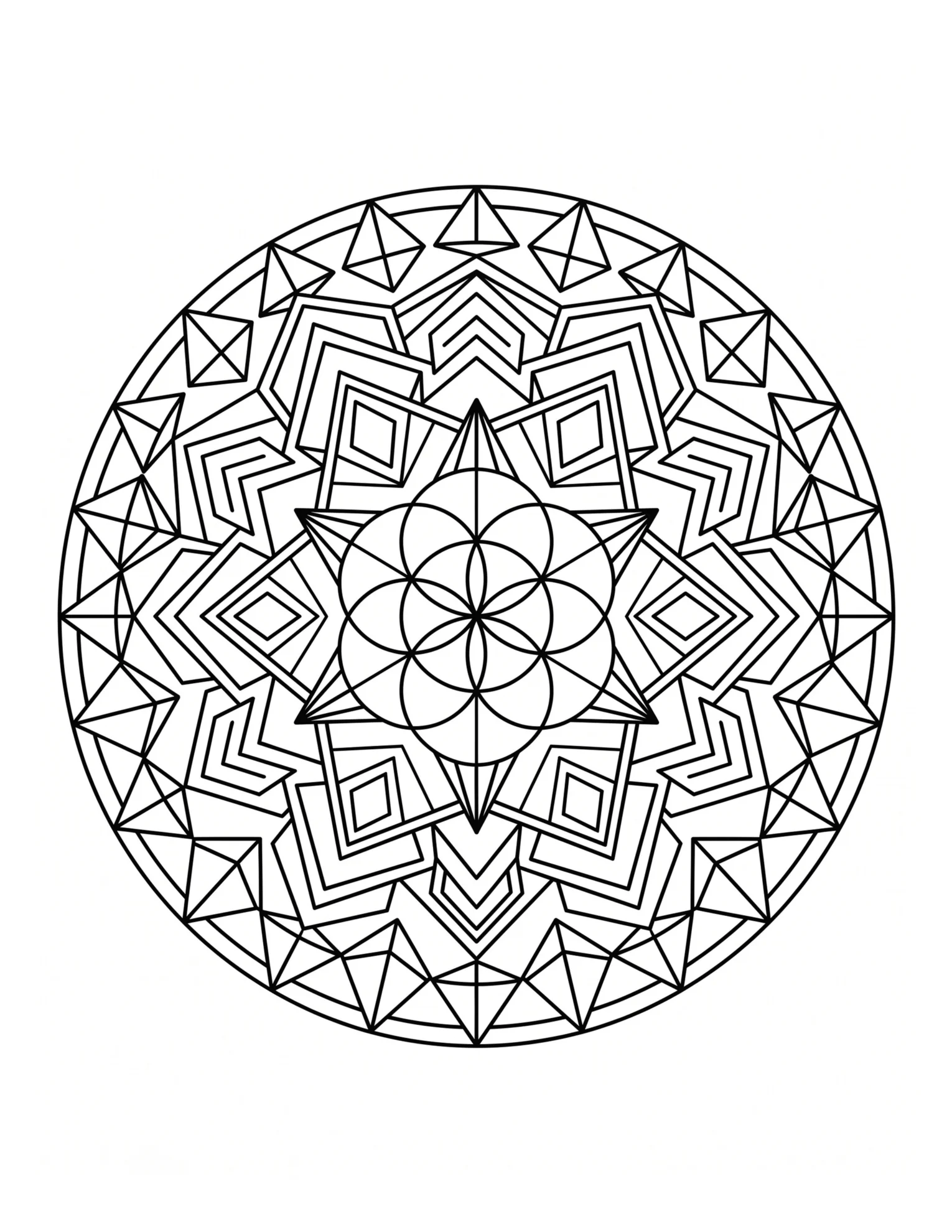 Interior coloring page featuring a geometric sacred geometry star mandala.