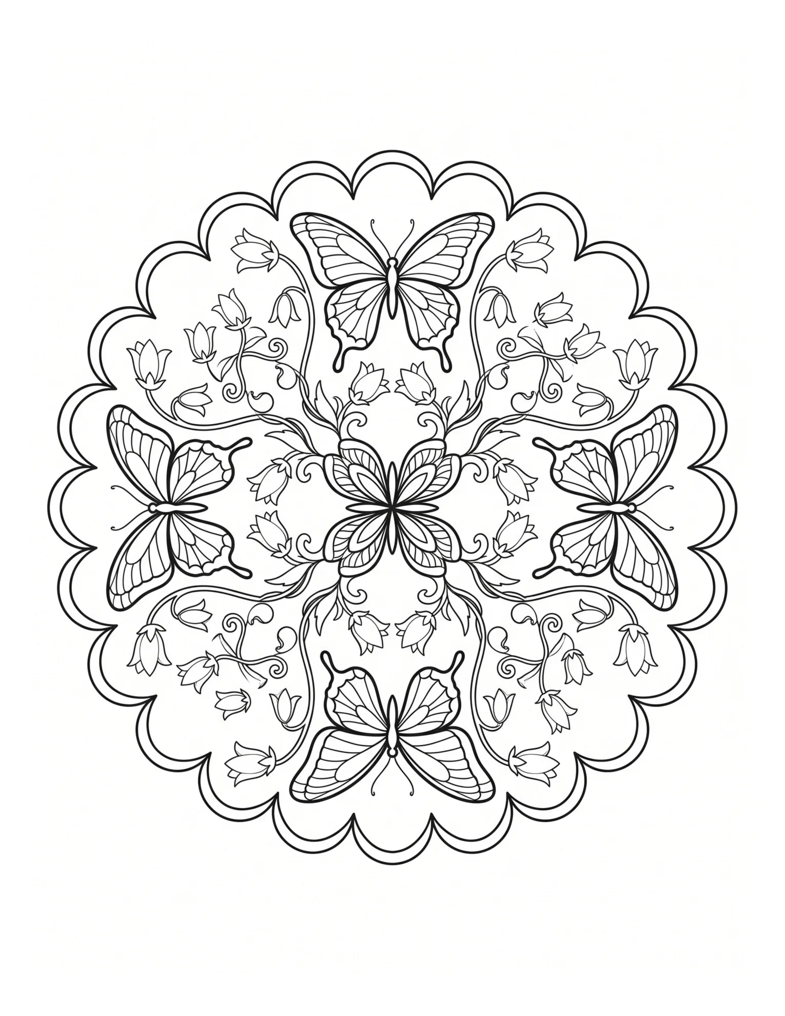 Interior coloring page featuring a nature-inspired butterfly and floral mandala motif.